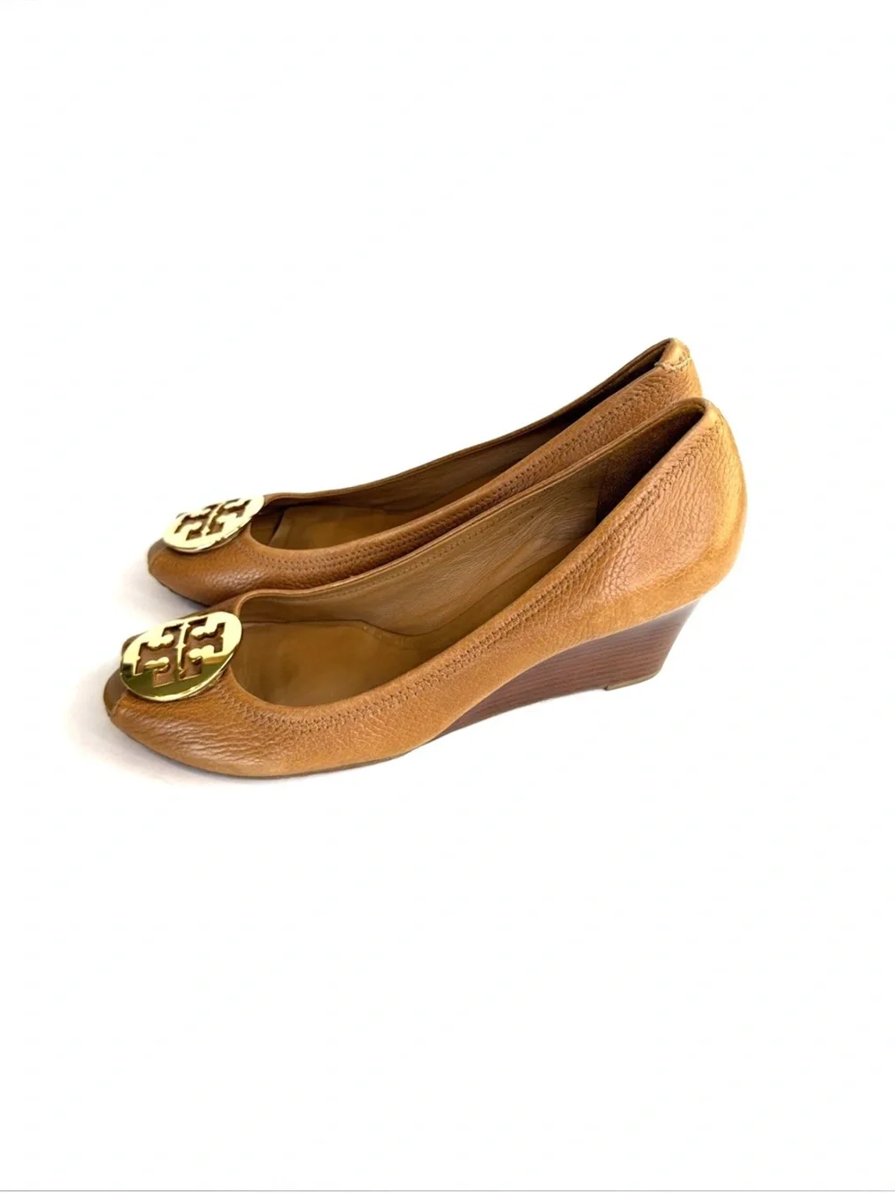 Tory Burch ‘Sally’ Brown Leather Peep Toe Wedges Women Size 13 M Gold Medallion